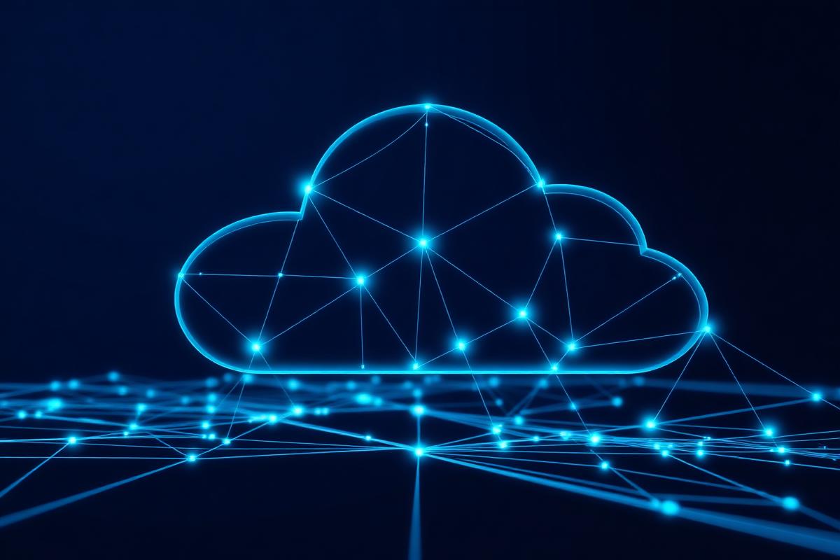 Abstract cloud infrastructure diagram of connected nodes over a navy background