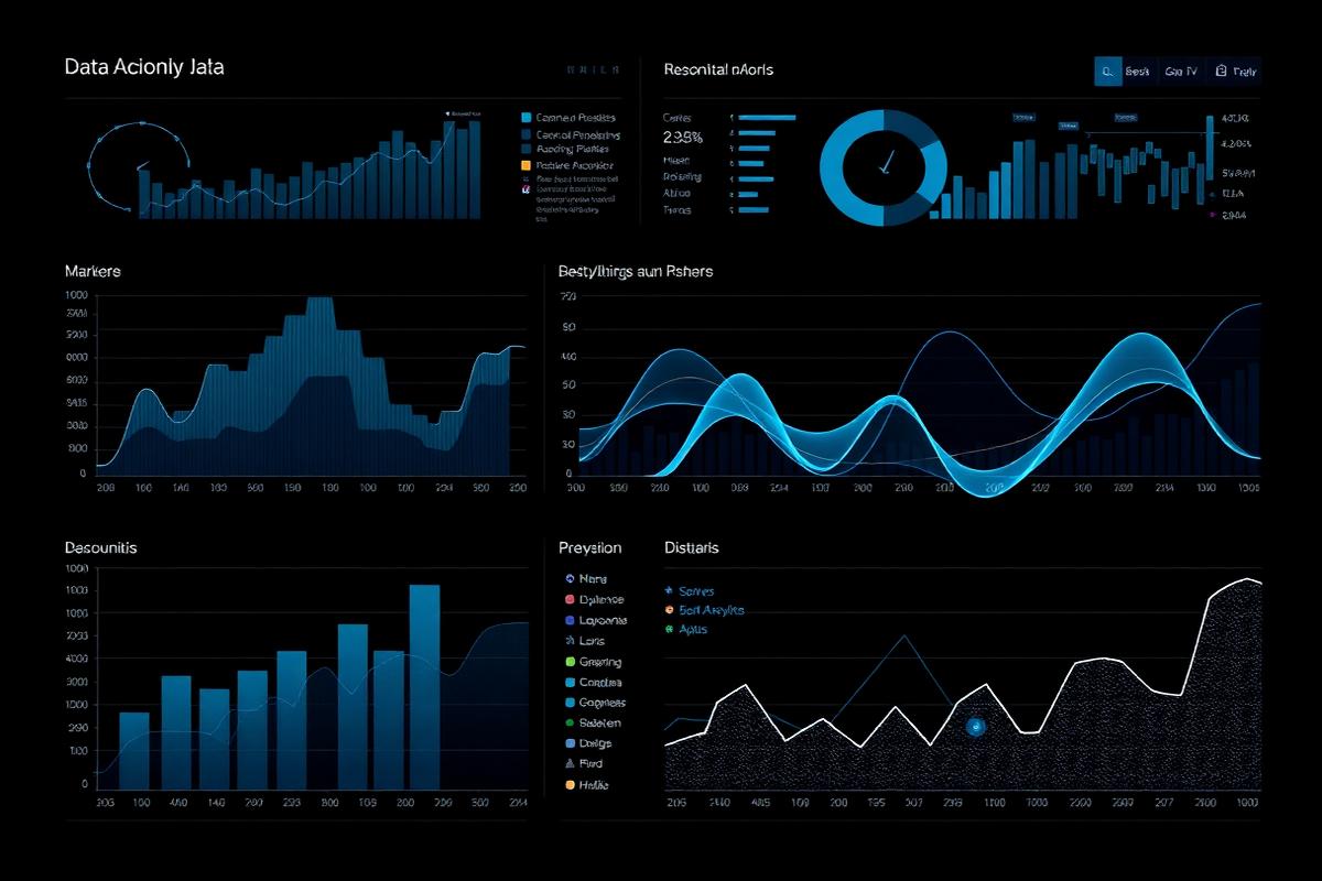 Abstract dashboard visualisation with charts and graphs in turquoise on dark background