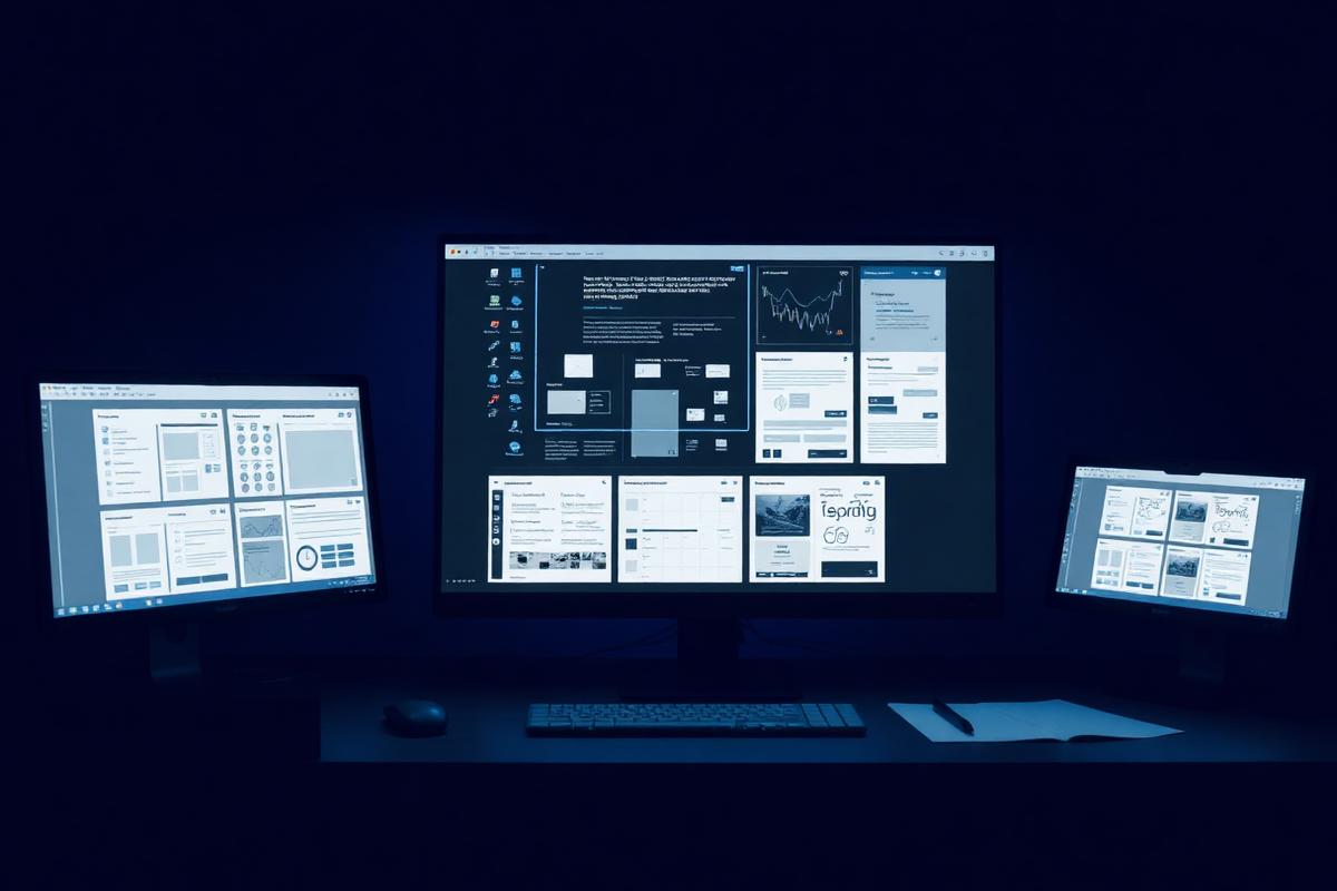 Interface design boards and wireframes across a designer workstation